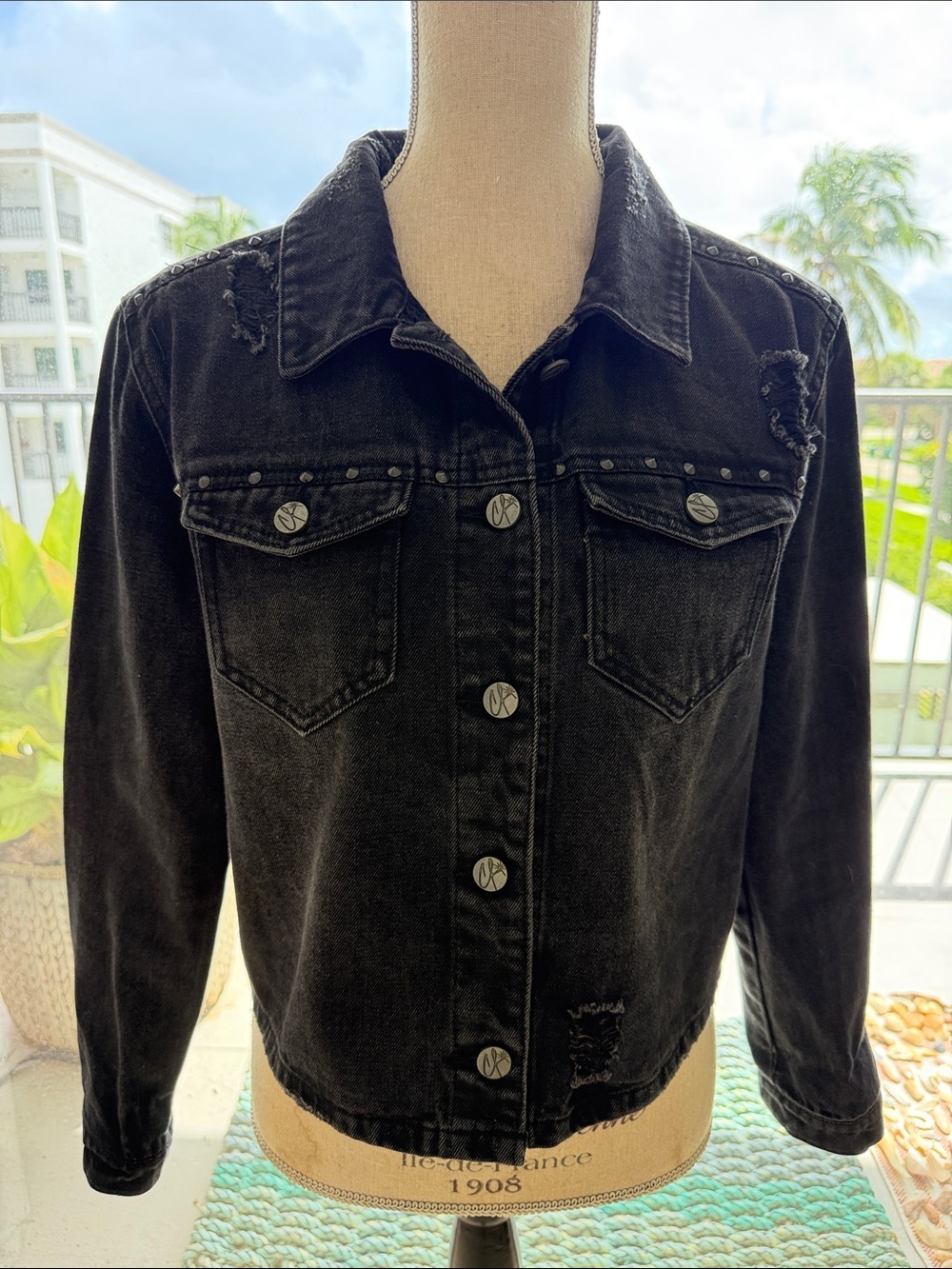 Crave Fame brand Distressed Black Washed Denim Jacket with Stud Accents